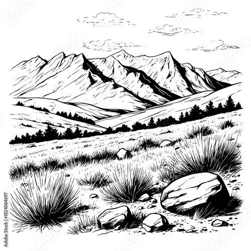 Mountain range and mountain slope with boulders, black and white sketch. Vector illustration. Dry bushes of grass and the sky with clouds, the steppe landscape is isolated on a white background.
