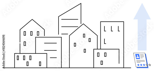 City buildings in linear style with a document and upward arrow representing progress, growth, and success. Ideal for urban development, career growth, progress, success, professionalism, real