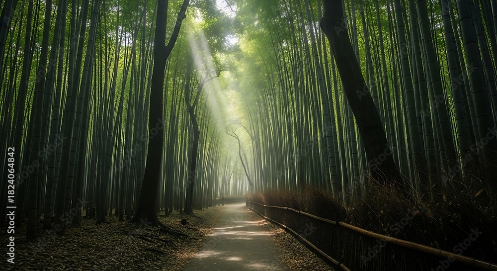 Fototapeta premium Sunlight Through Bamboo Forest Path