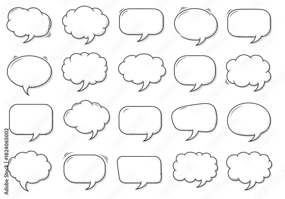 Fototapeta premium Collection of Various Comic Speech Bubbles with Black Outlines and White Fill.