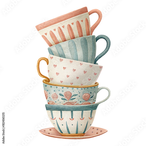Whimsical watercolor illustration of stacked pastel teacups with heart and floral patterns in fantasy tea party style