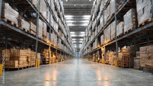 Vast Warehouse Interior With Rows Of Shelving Units Filled With Cardboard Boxes Under Industrial Lighting