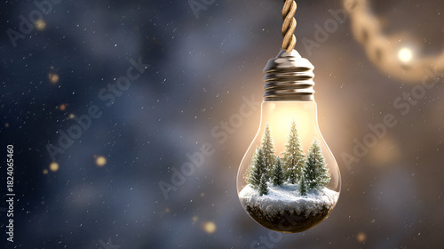 Light bulb filled with snow-covered trees, creating a winter wonderland scene