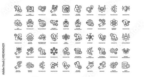 Technology management icon set collection. Containing services, draft, increase, database, profit, decision, diagram .Line vector icons collection