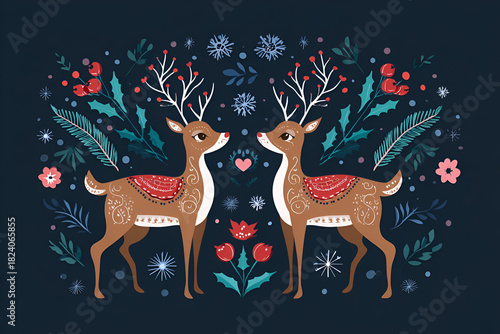 Festive deer surrounded by floral design in a winter setting for holiday celebration