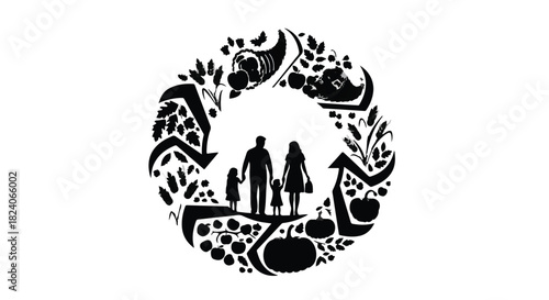 Family silhouette stands within a circular emblem of nature's bounty and recycling symbols, symbolizing sustainability and generational connection.