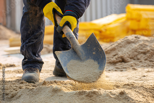 Construction worker using shovel to move sand on building site during daylight hours