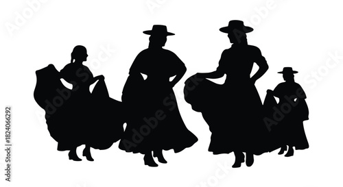 Silhouettes of graceful women in traditional dresses and hats dancing joyfully.