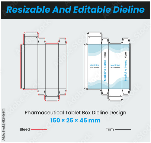Pharmaceutical tablet box dieline design template for packaging and branding