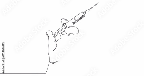 Self drawing line animation Hand holding syringe with needle Vaccination, health care injection. Medical continuous one single line drawn concept video