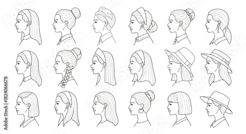 Women profiles, hairstyles, hats