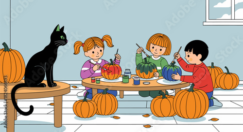 Children Painting Pumpkins with a Black Cat Watching.