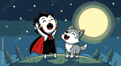 Cartoon Vampire and Wolf Pup Howling at the Moon.