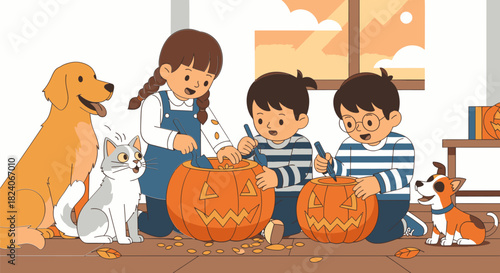 Children carving pumpkins with pets during Halloween season.