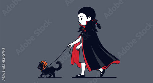 Vampire Girl Walking Black Cat in Halloween Costume.
