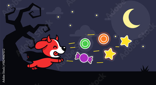 Cartoon Devil Dog Chasing Halloween Candy Under a Crescent Moon.