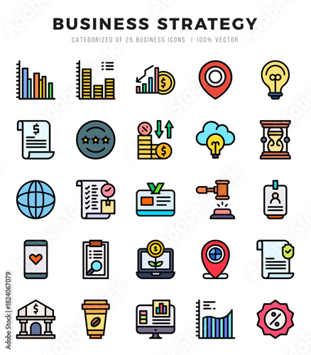 Business Strategy Icons bundle. Lineal Color style Icons. Vector illustration.