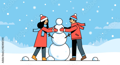 Couple Building a Snowman Together in Winter Landscape.