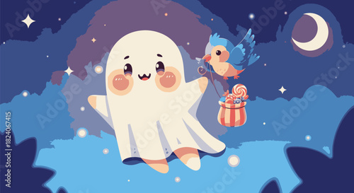 Cute Ghost with Bird Delivering Gift in Night Sky Illustration.