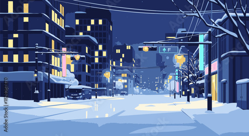 Snowy City Street at Night with Illuminated Buildings and Streetlights.