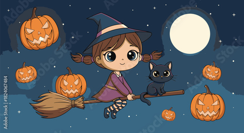 Whimsical Witchs Flight Halloween Night Adventure with Pumpkins and Black Cat.