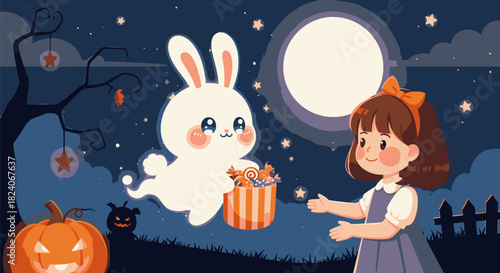 Girl Receives Treats from a Floating Rabbit on Halloween Night.