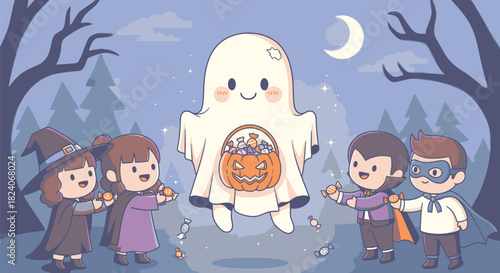 Halloween Ghost Giving Candy to Children in Costumes.