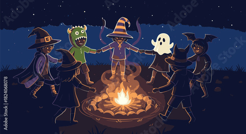 Halloween Gathering Costumed Figures Around a Bonfire.