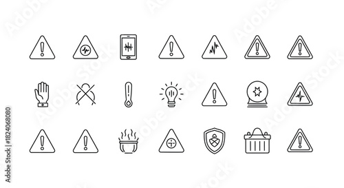 Hand drawn warning and hazard symbols white