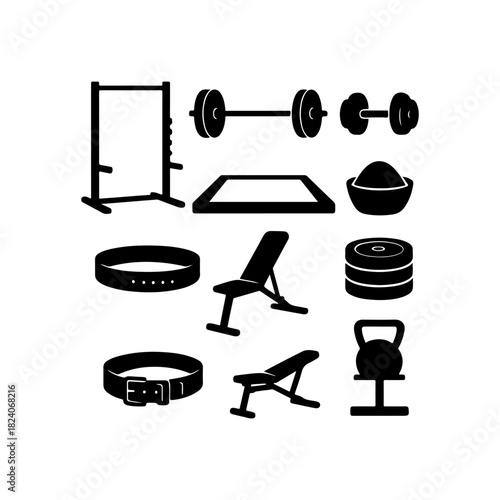 Collection of black silhouette fitness equipment icons