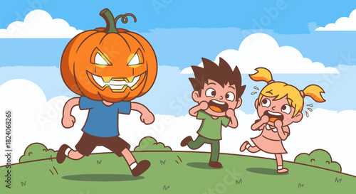 Children Fleeing a PumpkinHeaded Figure in Playful Halloween Scene.