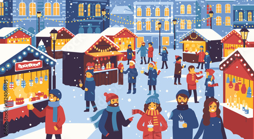 Bustling Christmas Market Scene with People and Festive Stalls.
