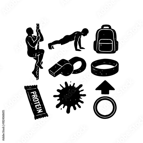 Fitness and workout icons featuring exercise and nutrition