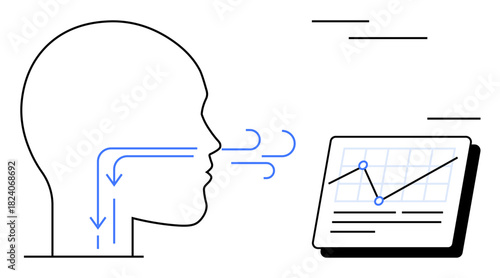 Side profile of breathing human head next to data chart analysis. Ideal for health, medical technology, respiratory care, diagnostics, data trends, analytics, simple flat metaphor