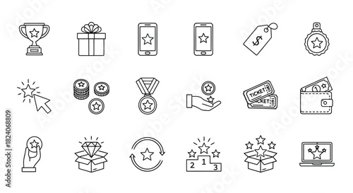 Set of rewards, loyalty program, and achievement line icons