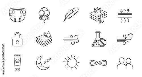 Baby care and comfort line icons set