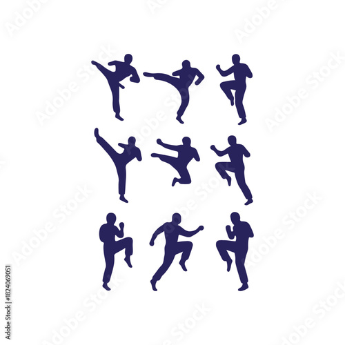 Martial arts silhouettes demonstrating various combat moves