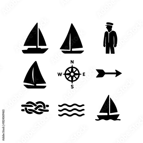 Nautical themed icons featuring sailboats compass and sailor