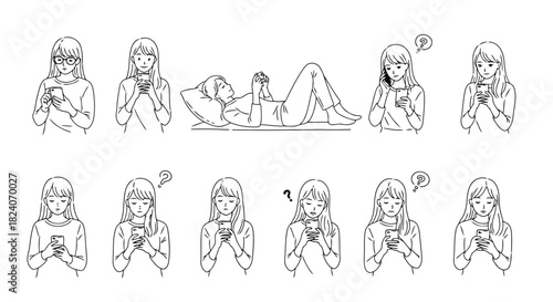 Woman using smartphone with various emotions
