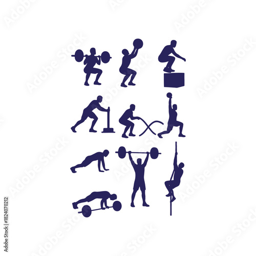 Silhouettes of people performing various strength and conditioning exercises