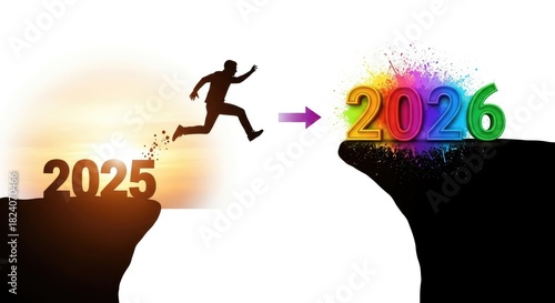 Man jumping from 2025 to 2026 cliff vision of future growth and change
