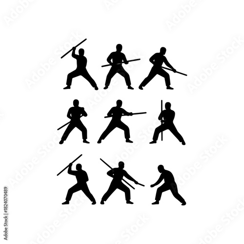 Silhouettes of warriors in dynamic martial arts poses with weapons