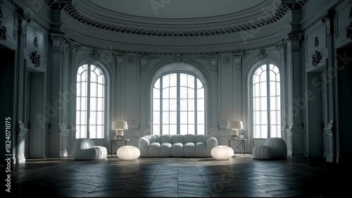 Elegant Modern Living Room with White Furniture, Large Arched Windows, and Ambient Lighting