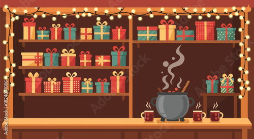 Holiday cheer: a cozy shop with steaming brew and abundant festive presents ready for gifting