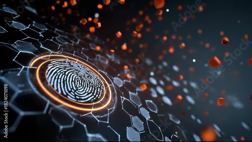 Futuristic Biometric Fingerprint Interface with Digital Hexagon Network and Floating Data Cubes