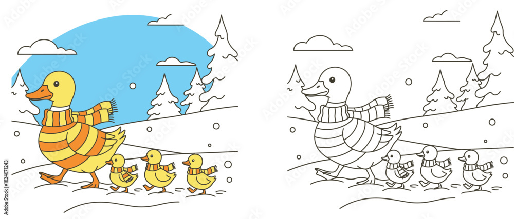 Fototapeta premium Cute mother duck and ducklings walking in winter snow Vector cartoon illustration of family birds wearing scarves Isolated color and black and white outline version for coloring book page.