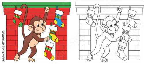 Cute monkey hanging Christmas stockings on fireplace Vector cartoon illustration of animal decorating.