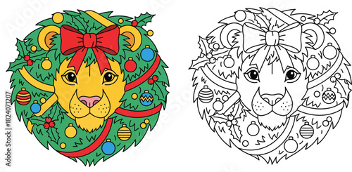 Cute lion with Christmas wreath mane Vector cartoon illustration of an animal head with ornaments and bow Isolated color and black and white outline version for coloring book page.