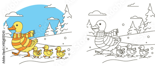 Cute mother duck and ducklings walking in winter snow Vector cartoon illustration of family birds wearing scarves Isolated color and black and white outline version for coloring book page.