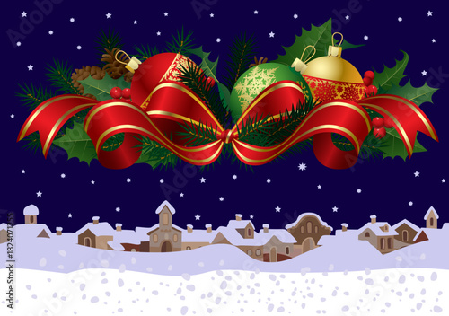 A Christmas wreath of fir branches against the backdrop of a wintery old town. Snowy Christmas landscape. Template for a holiday greeting. Vector illustration.